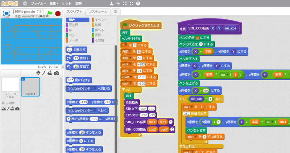 Scratch（スクラッチ）「100％ペンによる動的な三角関数グラフ」作り方の説明 - プログラミング教育専門スクール KIDSPRO