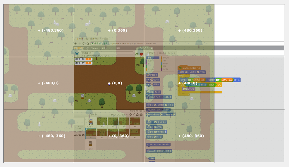 Scratch（スクラッチ）「RPG用の背景画面スクロール」作り方説明動画 